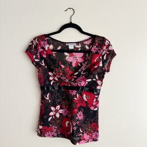 Self Esteem Y2K Black + Pink Floral V Neck Babydoll Short Sleeve Top Medium